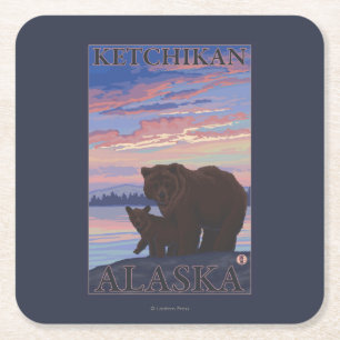 くまおよびカブス- Ketchikan、アラスカ スクエアペーパーコースター