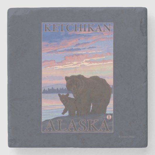 くまおよびカブス- Ketchikan、アラスカ ストーンコースター (正面)