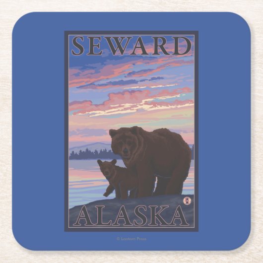 くまおよびカブス- Seward、アラスカ スクエアペーパーコースター (正面)
