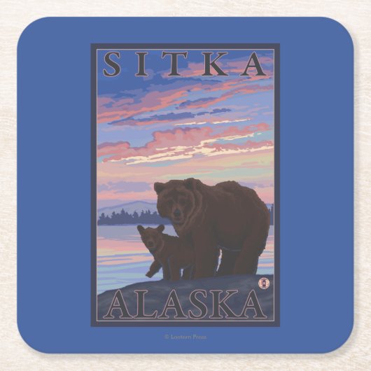 くまおよびカブス- Sitka、アラスカ スクエアペーパーコースター (正面)