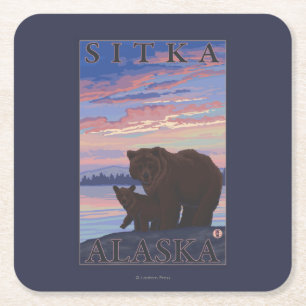 くまおよびカブス- Sitka、アラスカ スクエアペーパーコースター