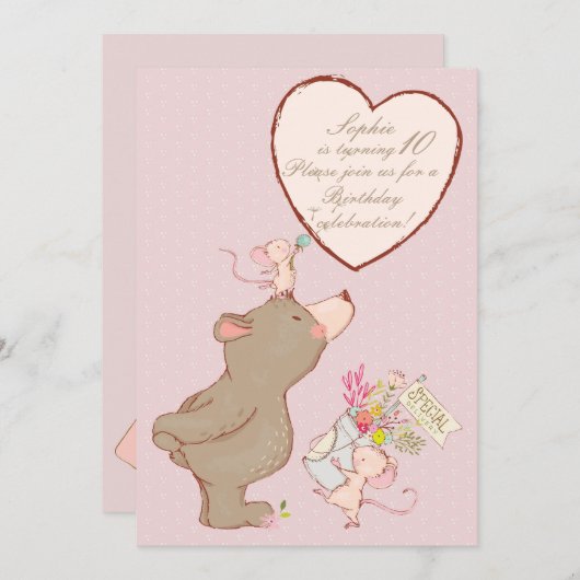 くまおよびマウスの子供の誕生日の招待状 招待状 (正面/裏面)