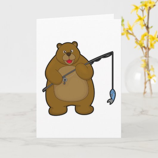 くまが釣りをしている、釣り竿と魚付き カード (黄色い花)