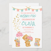 くまさんがいっぱいのとっても楽しい誕生日パーティー ケーキ、くまさん、ピンク、ターコイズ 招待状 (正面/裏面)