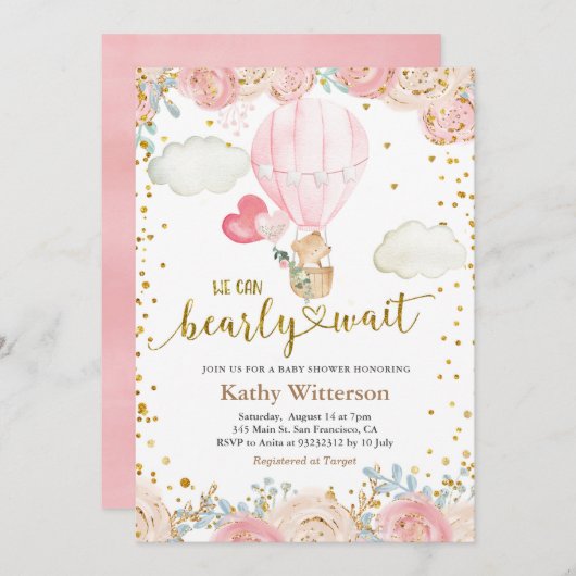 くまさんとピンクの熱気球のベビーシャワー 招待状 (正面/裏面)