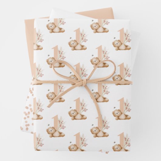 くまさんと蜂の1歳の誕生日 ラッピングペーパーシート (インサイチュ)