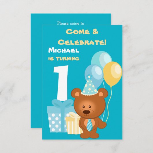 くまさんと風船の1歳誕生日パーティー 招待状 (正面/裏面)