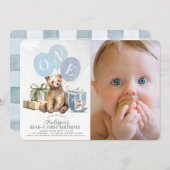 くまさんのお誕生日おめでとう！1歳の男の子くまさん青い風船 フォト 招待状 (正面/裏面)