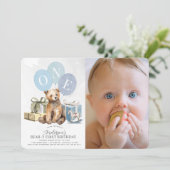 くまさんのお誕生日おめでとう！1歳の男の子くまさん青い風船 フォト 招待状 (スタンド正面)