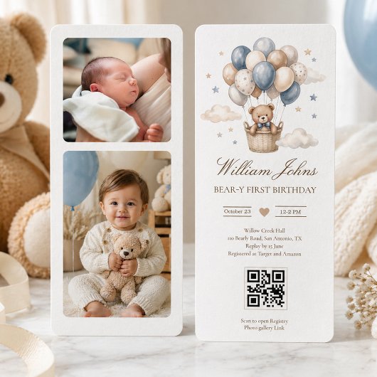 くまさんの1歳の誕生日 青と金 テディベア QRコード 招待状