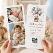 くまさんの1歳の誕生日 青と金 テディベア QRコード 招待状