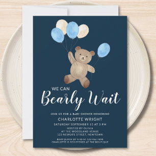 くまさんブルーベイビーシャワー We Can Bearly Wait テディベア 招待状