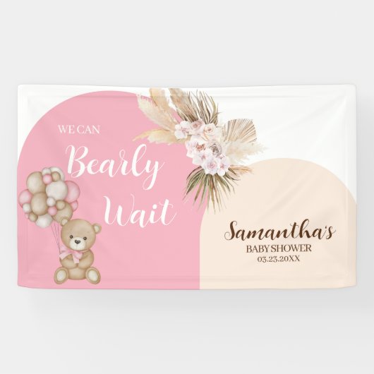 くまさんベビーシャワーの女の子用バナー We Can Bearly Wait 横断幕 (横)