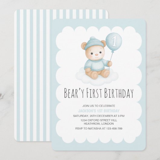 くまちゃんの1歳の誕生日 青いテディベア 招待状 (正面/裏面)