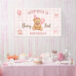 くまちゃん1歳の誕生日 ピンクバルーン 横断幕