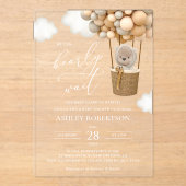 くまちゃん、ベージュの風船、熱気球、ベビーシャワー アクリル招待状 (正面)