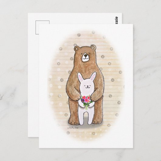 くまとうさぎのハッピーな森の動物のかわいいアート ポストカード (正面/裏面)