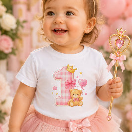 くまとチェック柄の1歳の誕生日ベビーTシャツ ベビーTシャツ