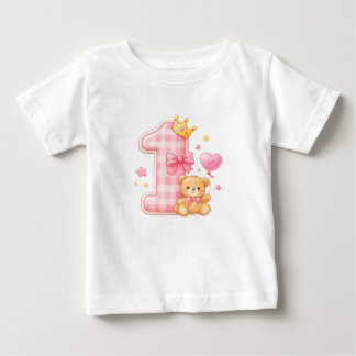 くまとチェック柄の1歳の誕生日ベビーTシャツ ベビーTシャツ
