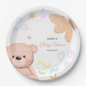 くまのぬいぐるみがかわいいパステルカラーの女の子のベビーシャワー カートゥーン ペーパープレート (正面)