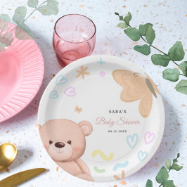 くまのぬいぐるみがかわいいパステルカラーの女の子のベビーシャワー カートゥーン ペーパープレート