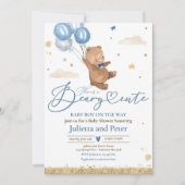 くまのぬいぐるみがとってもかわいい青い赤ちゃん男の子のベビーシャワー 招待状 (正面)