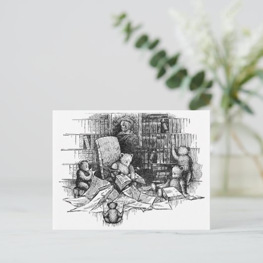 くまのぬいぐるみが図書館で本を読む ポストカード (スタンド正面)
