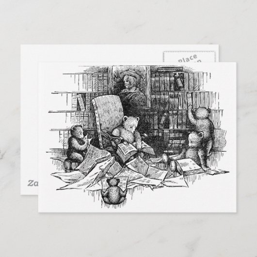 くまのぬいぐるみが図書館で本を読む ポストカード (正面/裏面)