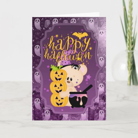 くまのぬいぐるみと大釜 - ハッピーハロウィン カード (正面)