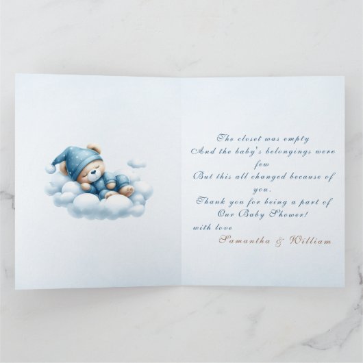 くまのぬいぐるみと青い風船 おとこの赤ちゃん歓迎のシャワー サンキューカード (内部)