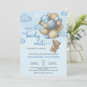 くまのぬいぐるみと青茶色ベージュの風船の少年 招待状 (スタンド正面)