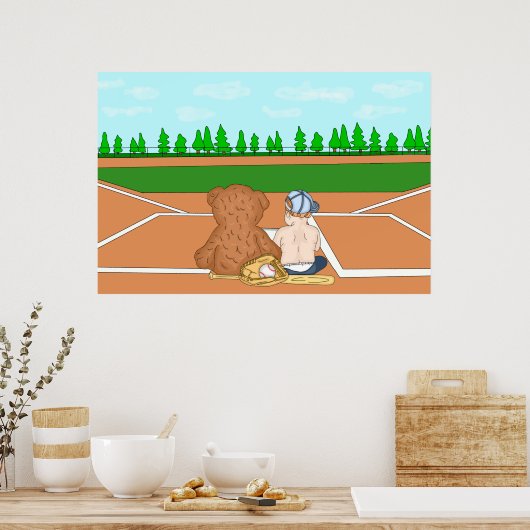 くまのぬいぐるみのそばの野球帽の赤ちゃん男の子 ポスター (キッチン)