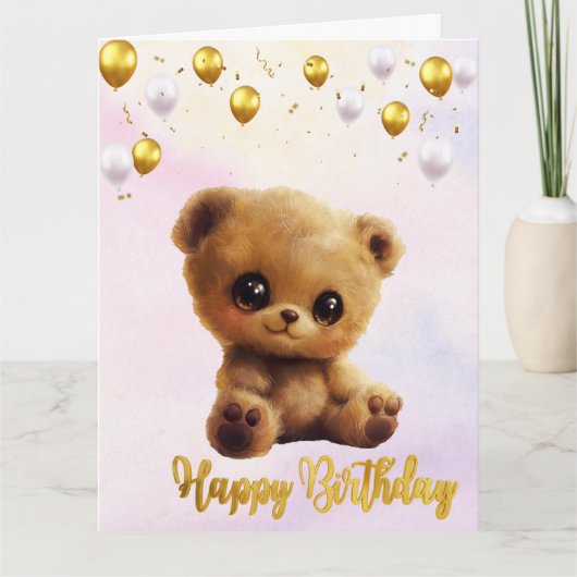 くまのぬいぐるみ付きの「お誕生日おめでとう」ポストカード。 カード (正面)