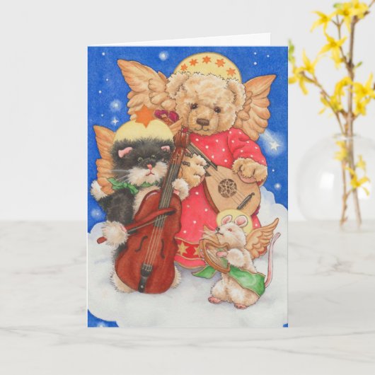 くまのぬいぐるみ天使合唱隊 かわいいクリスマスカード カード (黄色い花)