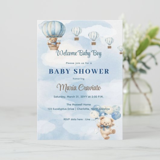 くまのぬいぐるみ気球ベビーシャワー招待状 招待状 (スタンド正面)