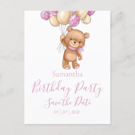 くまのぬいぐるみ誕生日パーティー Save the Date ピンクの女の子 ポストカード