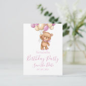 くまのぬいぐるみ誕生日パーティー Save the Date ピンクの女の子 ポストカード (スタンド正面)