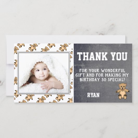 くまのぬいぐるみ誕生日感謝写真カード子供 サンキューカード (正面)