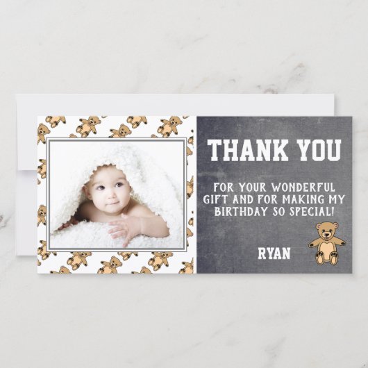 くまのぬいぐるみ誕生日感謝写真カード 子供 サンキューカード (正面)