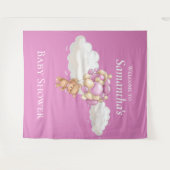 くまのぬいぐるみ風船 ピンクのベビーシャワーの背景 タペストリー (正面(横))