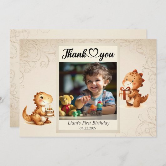 くまのぬいぐるみ風船 子供 フォト 誕生日 サンキューカード (正面/裏面)