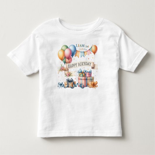 くまのぬいぐるみ風船 子供 フォト 誕生日 トドラーTシャツ (正面)
