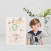 くまのぬいぐるみ サージブルー ビアリー 1歳の誕生日おめでとう 招待状 (スタンド正面)