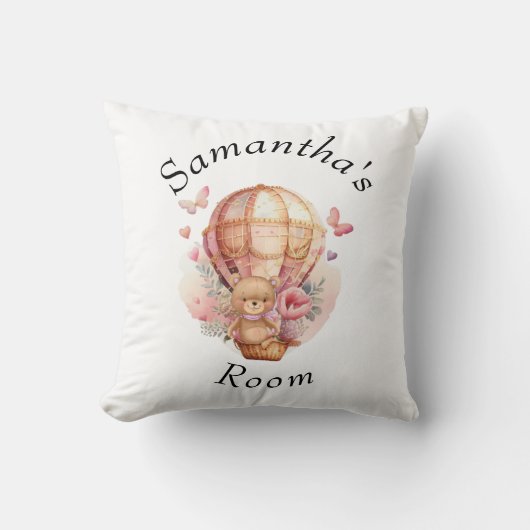 くまのぬいぐるみ ピンクの熱気球 ベビーシャワー スロー クッション (正面)