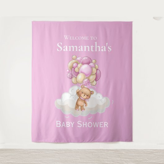 くまのぬいぐるみ ピンク風船 ベビーシャワーの背景 タペストリー (正面)