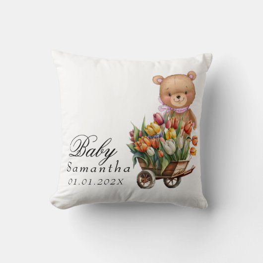 くまのぬいぐるみ ピンク リアルな花柄 クッション (正面)