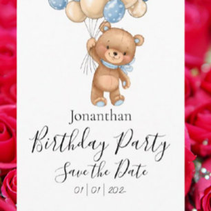 くまのぬいぐるみ ブルー 誕生日パーティー Save the Date ポストカード