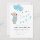 くまのぬいぐるみ ベビーシャワー 男の子 青 招待状 (正面)