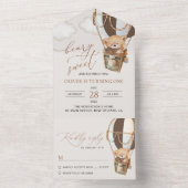 くまのぬいぐるみ、茶色の熱気球、初めての誕生日 オールインワン招待状 (内側)