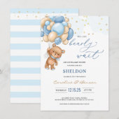 くまのぬいぐるみ 青い風船 赤ちゃん歓迎会 招待状 (正面/裏面)